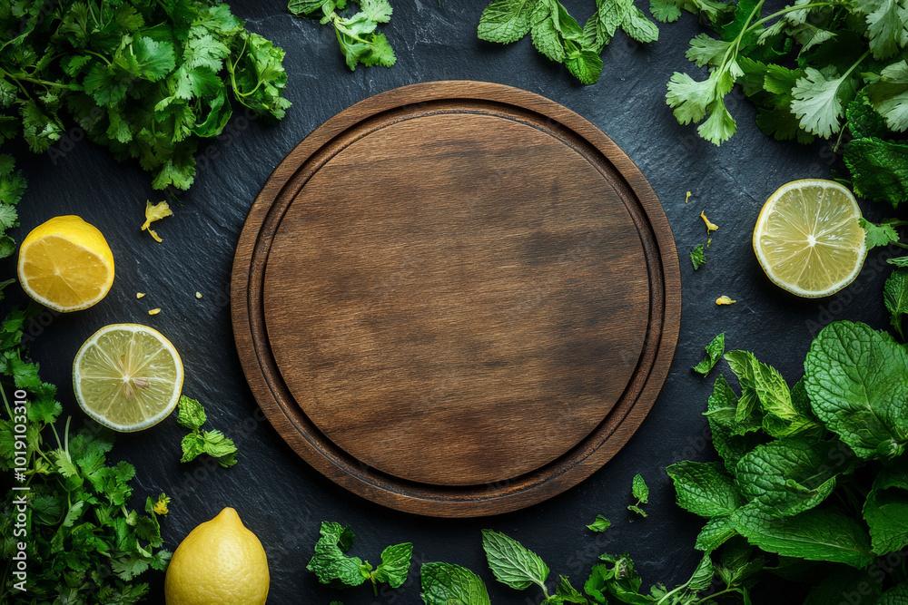 Empty wooden round board surrounded by fresh mint leaves, coriander, and lemon zest on a dark slate background, offering a fresh and vibrant look for food menu design.