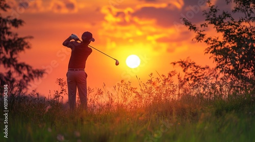 Man setting golf ball on tee at sunset on course embracing a healthy outdoor lifestyle