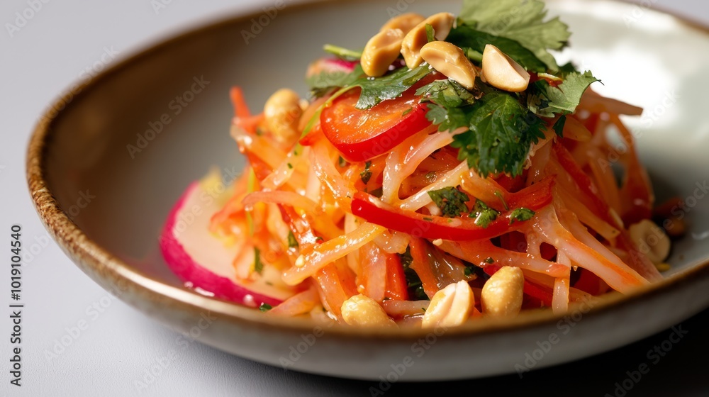 Vibrant Som Tum Plate: Spicy Papaya Salad with Peanuts and Lime Garnish Captured in Ultra-Detailed Photography Vibrant Som Tum Plate: Spicy Papaya Salad with Peanuts and Lime Garnish Captured in Ultra-Detailed Photography