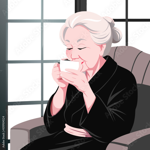 Elderly woman enjoying a warm cup of tea while relaxing in an armchair by the window