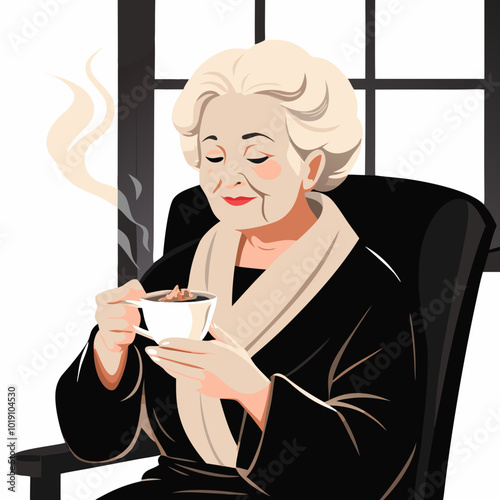 Elderly woman enjoying tea in a bathrobe sitting by the window with steam on a white background for concept
