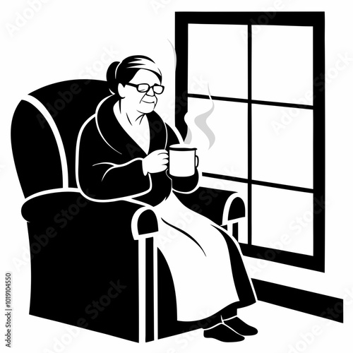 Black and white illustration of an elderly woman sitting in an armchair, enjoying a hot beverage by the window