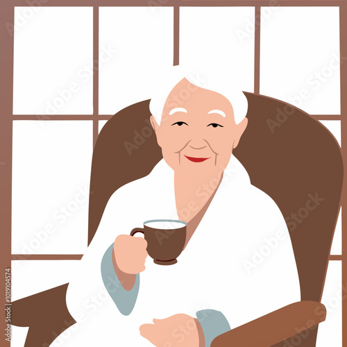 Content elderly woman in a bathrobe holding a cup of tea while relaxing at home
