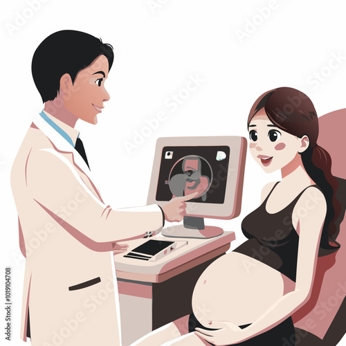 Pregnant woman in consultation with doctor, ultrasound examination, simple background
