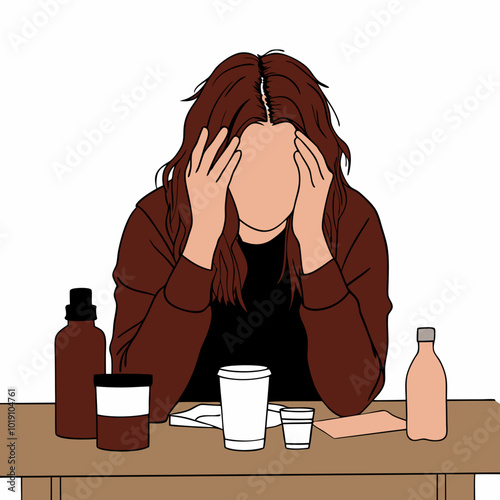 Overwhelmed woman with head in hands sitting at a table with various medications on a white background