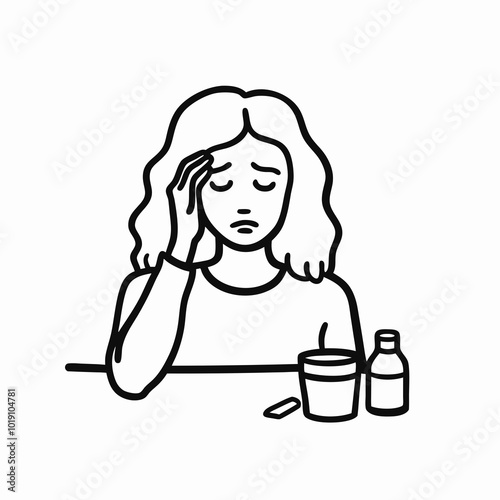 Young woman with headache, holding head in pain, medication on the table, simple background