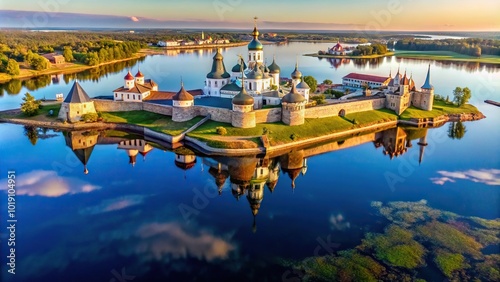 Aerial view of Solovetsky monastery reflected in the lake photo