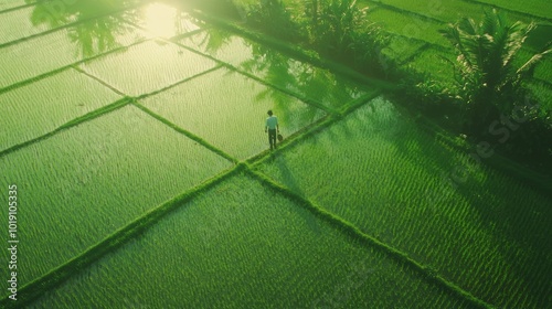 Serene Thai Landscape: Rice Paddies & Farmers at Work, Showcasing the Agricultural Roots of Thai Cuisine