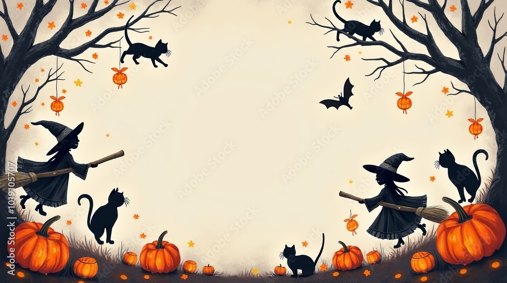 Halloween frame with pumpkins, skulls, spider web, for text in orange and beige Halloween frame with pumpkins, skulls, spider web, for text in orange and beige