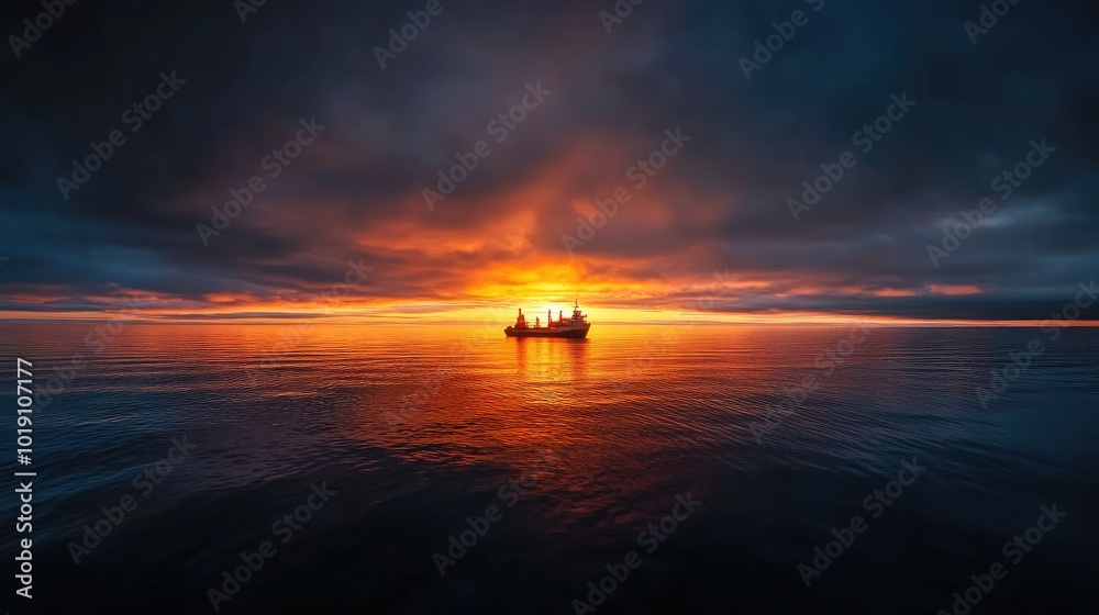 Sunset Over Calm Waters with a Fishing Vessel Sunset Over Calm Waters with a Fishing Vessel