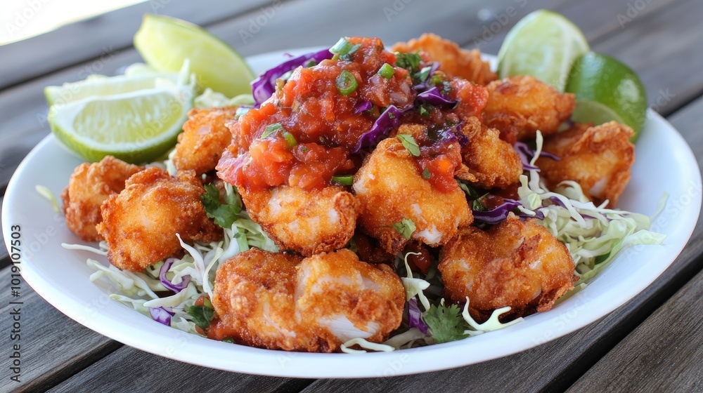 Crispy Fried Fish Tacos with Salsa and Lime
