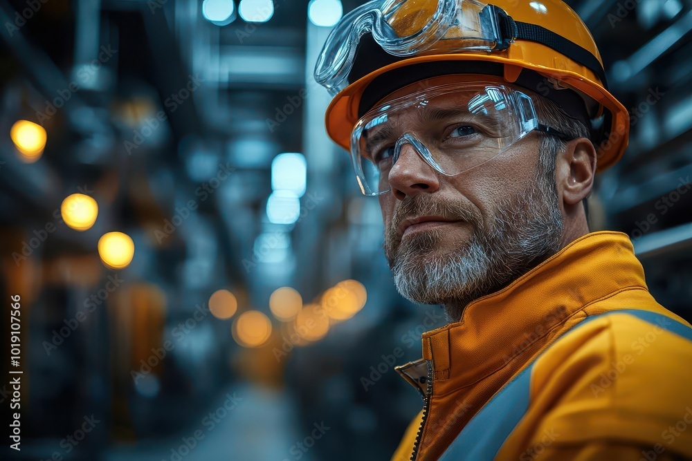 occupational health and safety worker wearing personal protective equipment surveys the production hall observing coworkers emphasizing workplace safety and diligence occupational health and safety worker wearing personal protective equipment surveys the production hall observing coworkers emphasizing workplace safety and diligence