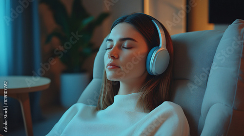 relaxed woman listening to music with headphones in living room interior - blue and white tones