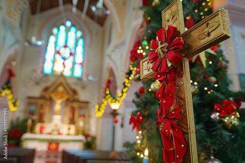 Christmas Cross in a Christian Church Decorated for the Holidays, Symbolizing Faith, Hope, and the Birth of Jesus Christ