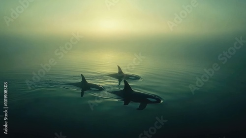 Orcas Swimming in Calm Water at Dusk