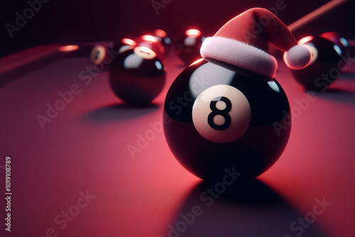 Glossy black billiard ball number 8 wearing small Christmas hat takes center stage, with pool cue touching it in upper right corner. Lower angle shot adds significance, while blurred background, photo