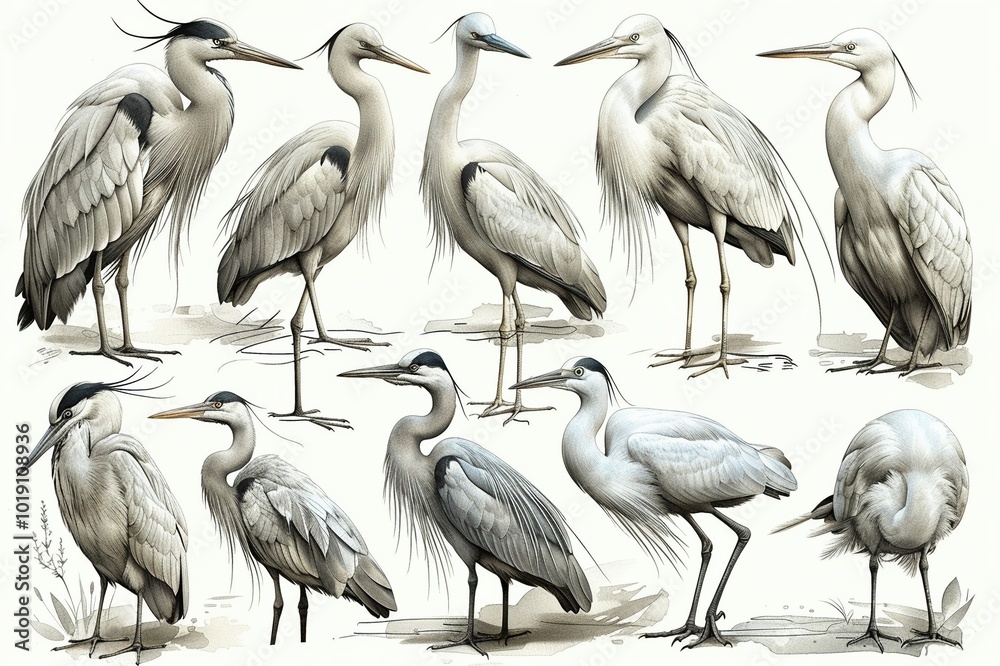 Obraz premium A detailed outline drawing of different types of birds.