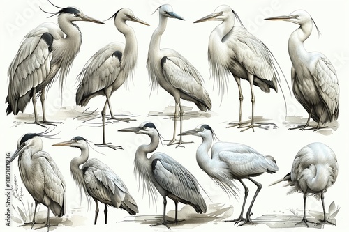 A detailed outline drawing of different types of birds.