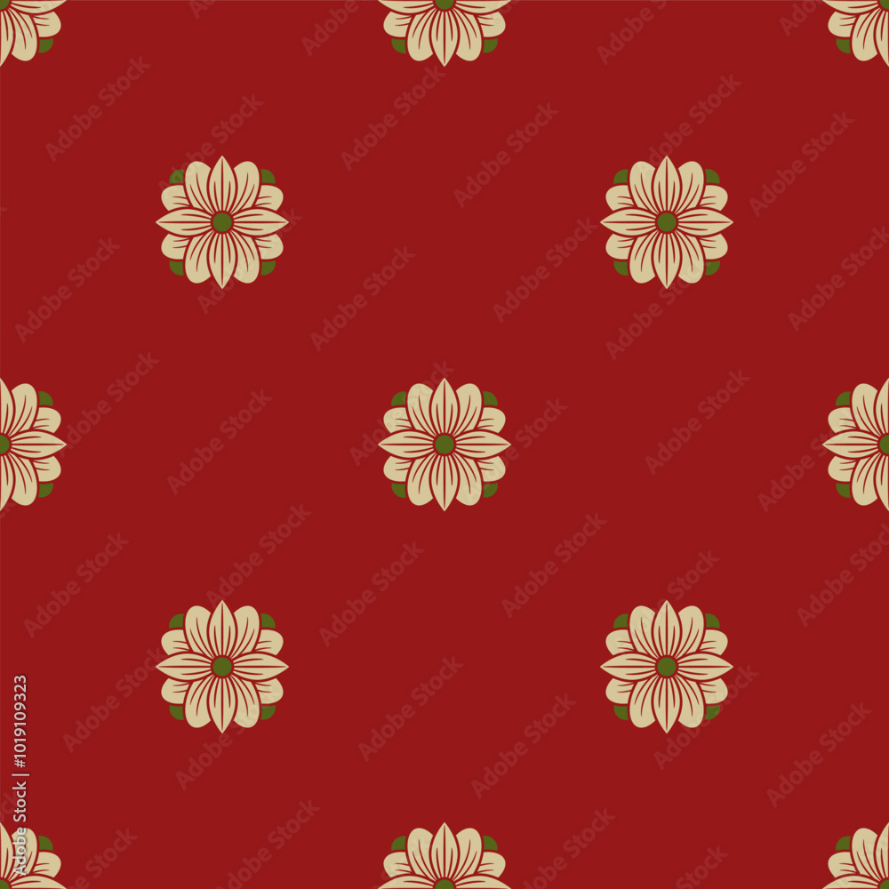 Fototapeta premium Seamless polka dot floral pattern with stylized daisy flowers. Folk style. On red background.