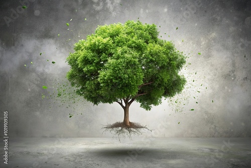 A tree with floating green leaves on grey background aerial view photo