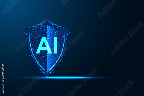 AI security concept with glowing digital shield and AI letters on blue background. Cybersecurity