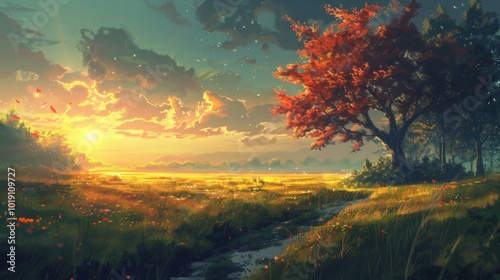 A serene sunset over a meadow with a lone red tree, creating a captivating scene of warmth and tranquility.