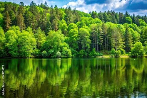 Lush green forest reflected on opposite shore of lake