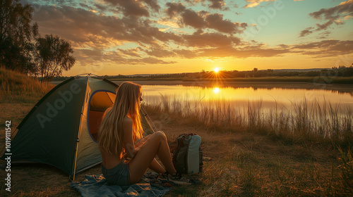 A beautiful girl sets up her tent by the lakeside under the golden sunset, creating the perfect camping scene