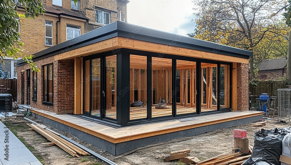 Obraz premium Building the extension with a robust timber frame.