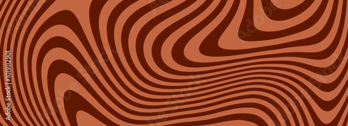 Retro coffee color background. Milk chocolate liquid dessert texture. Wavy swirl candy pattern for poster, cover, banner, pamphlet. Vintage brown trippy hippie wallpaper in 60s or 70s style. Vector