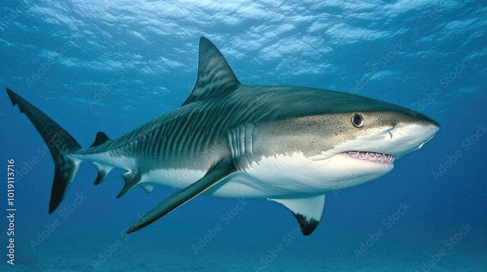 Majestic Tiger Shark Swimming in Clear Blue Water
