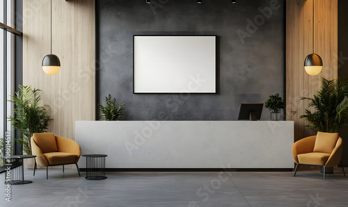 Interior of modern hotel lobby with grey and wooden walls design, tiled floor, panoramic window with blurry cityscape, and vertical mock-up poster design