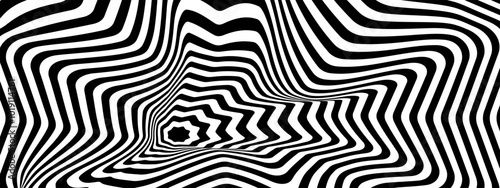 Psychedelic pattern with distorted black and white stripes. Hypnotic optical illusion. Abstract groovy wallpaper. Modern wavy print. Hypnotherapy or trance background. Vector graphic illustration