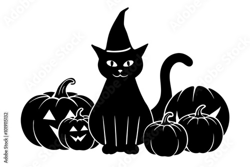 Black cat background with pumpkins and witch hat - Halloween Background illustration