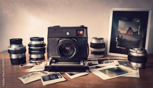 Vintage Camera and Film Photography Setup on a Table photo