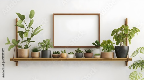 Scandinavian room interior with mock up photo frame on the brown bamboo shelf with beautiful plants in differents hipster and design pots. White walls. Modern and floral concept of shelfs. photo