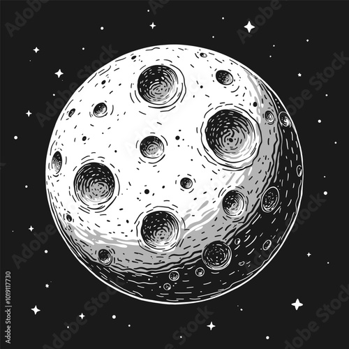 Hand drawn sketch of cartoon moon planet with craters and stars on a black background in vintage retro style. Simple creative moon logo design for t-shirt print, banner or poster. Vector illustration