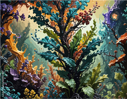 Unique Water Oil and Alcohol Ink Combination Vector - Surreal Realism Effect of Flourishing Colorful Flowers in Nature