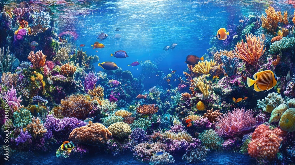Fototapeta premium Vibrant Underwater Coral Reef with Colorful Fish Life
