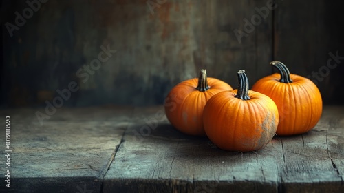 Pumpkins on a rustic wooden dark background with space for text or inscriptions, still life or halloween background 