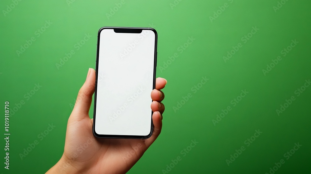 Hand holding smartphone with white blank screen and space for text, graphics close up isolated on green background
Hand holding smartphone with white blank screen and space for text, graphics close up isolated on green background