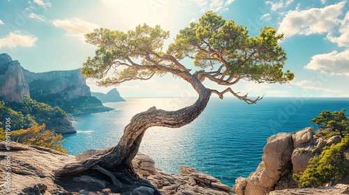 Twisted pine tree on the coast of a mediteranean island, blue water in the background, mediteranean sea travel panoramic web banner with copy space