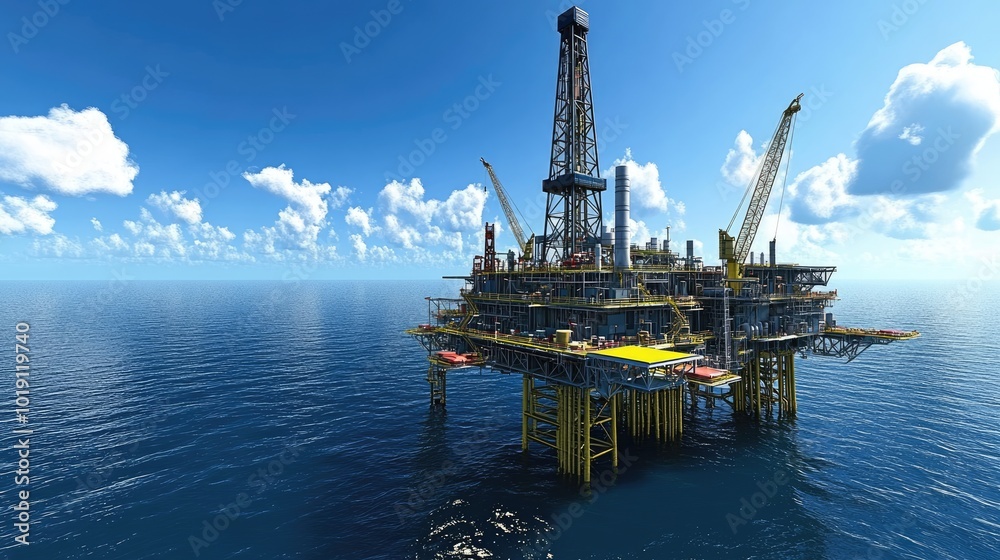 Oil Rig in Ocean with Blue Sky and Clouds Oil Rig in Ocean with Blue Sky and Clouds