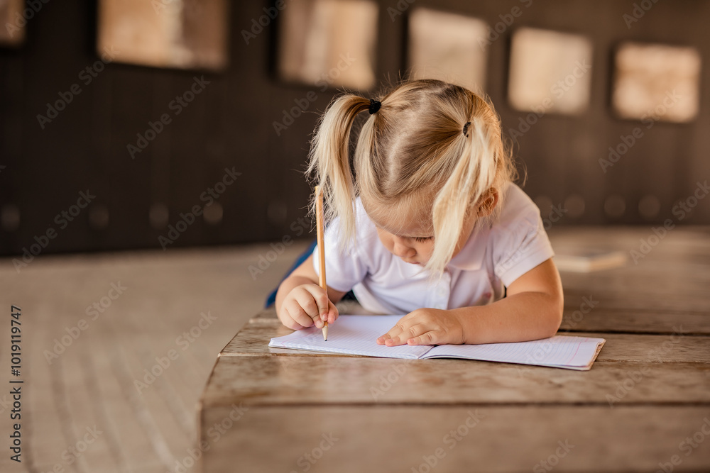 Little blonde girl in school uniform studying at the park Little blonde girl in school uniform studying at the park
