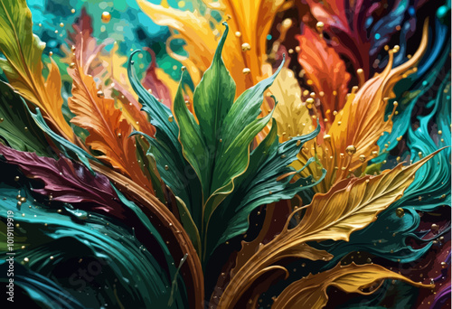 Hyper surreal 3D effect natural looking Vector art creations of large colorful leaves
