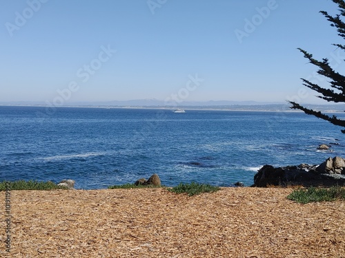 Coastal Viewpoint of Ocean with Boat in the Distance photo