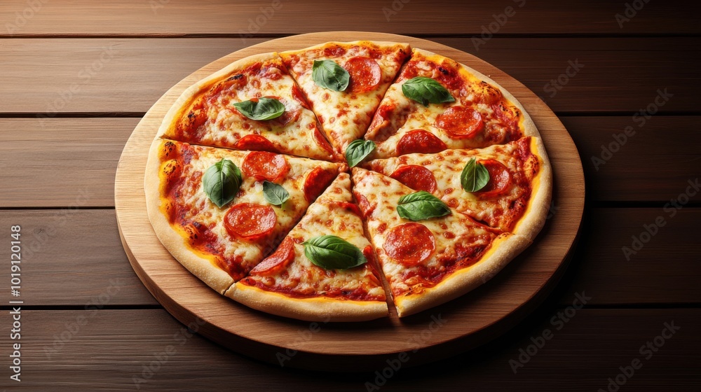 Freshly Baked Pepperoni Pizza on Wooden Board