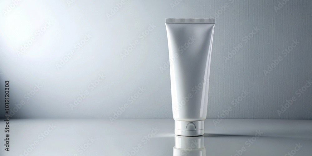 Aerial view of white cosmetic cream tube with squeezed contents from the front
