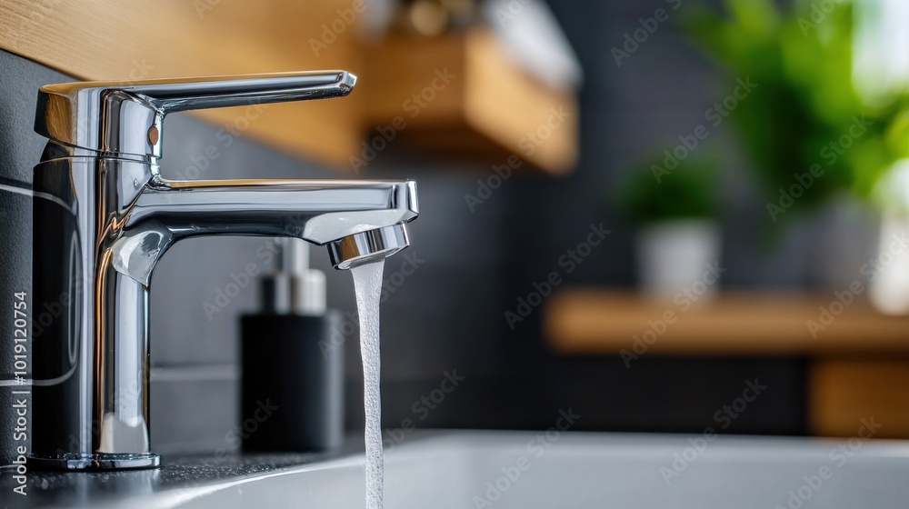 Modern Faucet with Water Flowing in Stylish Bathroom Modern Faucet with Water Flowing in Stylish Bathroom