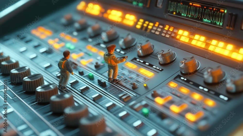 Two miniature figures standing on a large sound mixing console, adjusting the knobs. Two miniature figures standing on a large sound mixing console, adjusting the knobs.